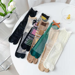 Summer Ultra-Thin Crystal Silk Sheer Frilly Tabi Socks Japanese Women Toe Socks Literary Personality Female Toe Socks