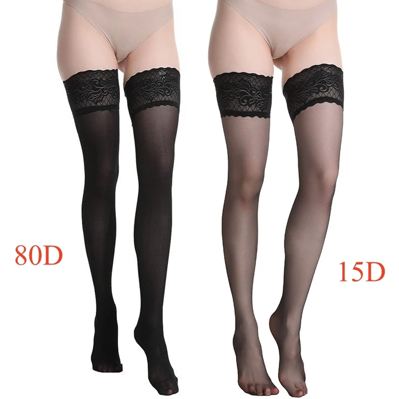 Description Picture 6 of item80D Velvet Stretchy Thigh High Stockings Women Sexy Lace Top Silicone Hold Up Medias 15D Ultrathin Transparent Party Socks