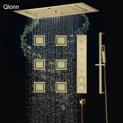 Qlonn Smart Shower System Ceiling Music LED Shower Head Golden Bathroom Faucets Multi Functions Push Button Thermostatic Mixer