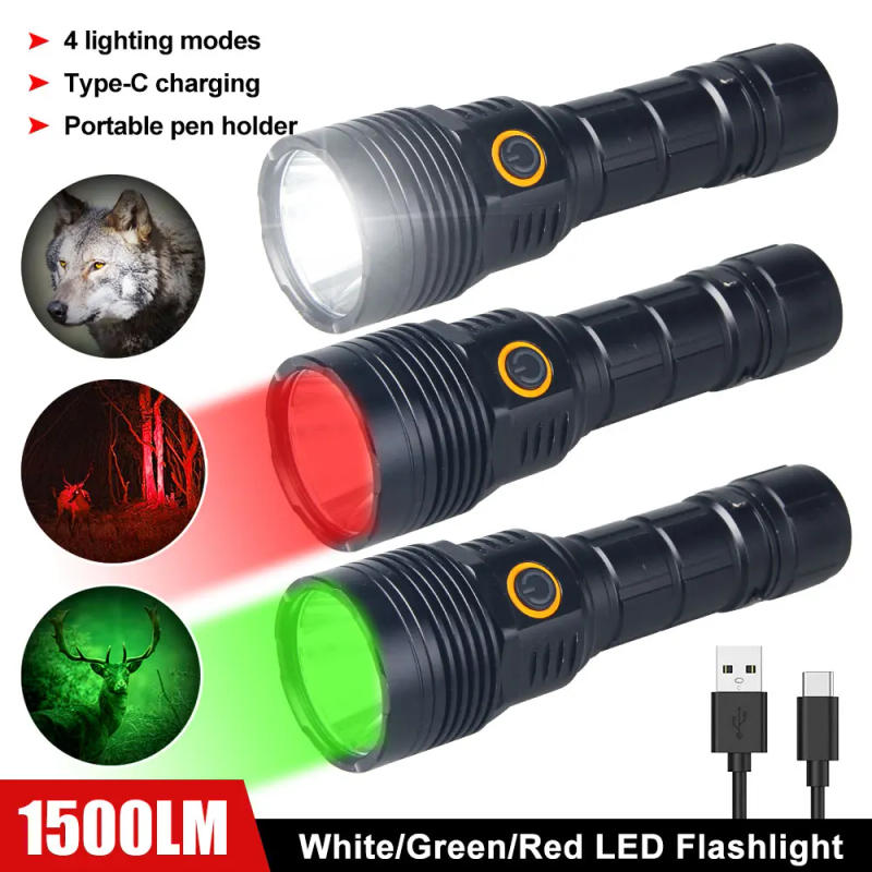 Description Picture 4 of item30W 1500LM Professional Green Red SST40 LED Hunting Flashlight Tactical 4-Modes Predator Coyote Torch USB Rechargeable Lantern