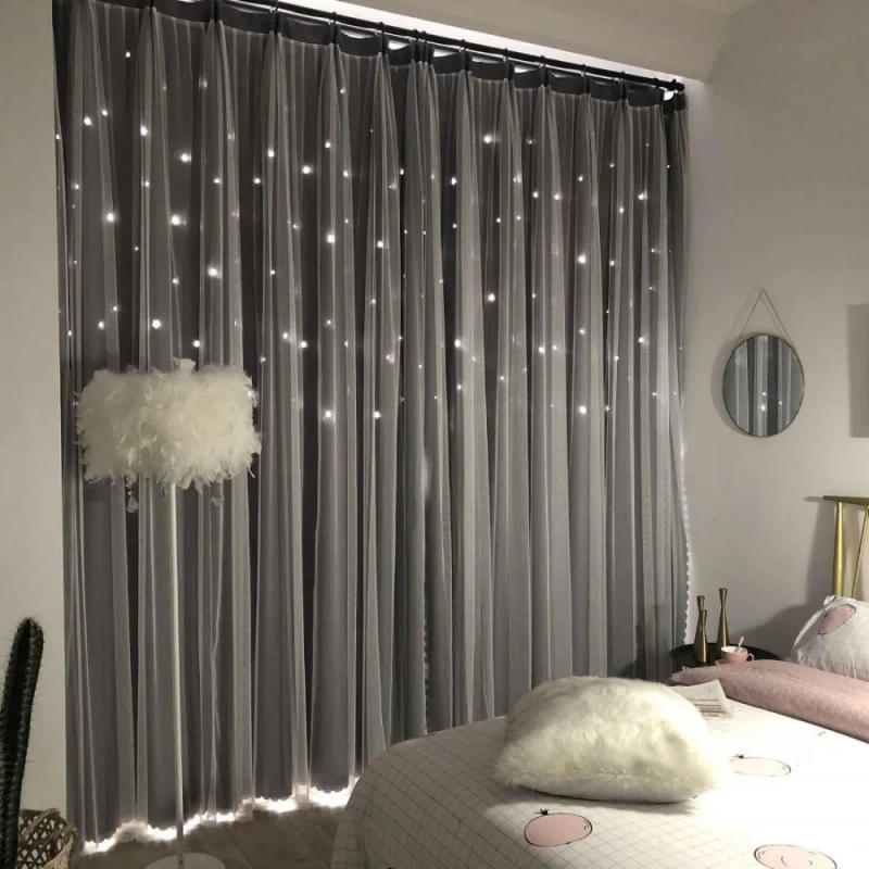 Description Picture 3 of item1Pc/2Pcs Blackout Curtains Romantic Hollow Star Curtain Double Layer with Lace Princess Girls Room Window Treatments for Bedroom