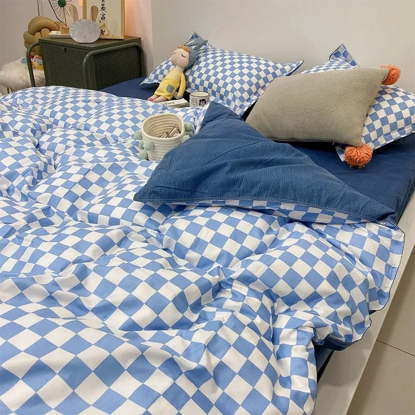 Description Picture 4 of itemNordic Pink Checkerboard Duvet Cover Sets With Pillowcases Flat Sheet Kids Girls Boys Full Queen Twin Size Kawaii Bedding Kit