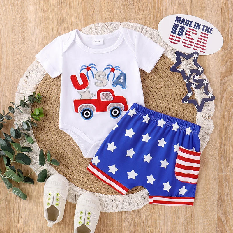 Description Picture 3 of itemBoys 4th of July Shorts Sets Short Sleeve Letter Car Embroidery Romper Star Stripe Print Shorts Sets