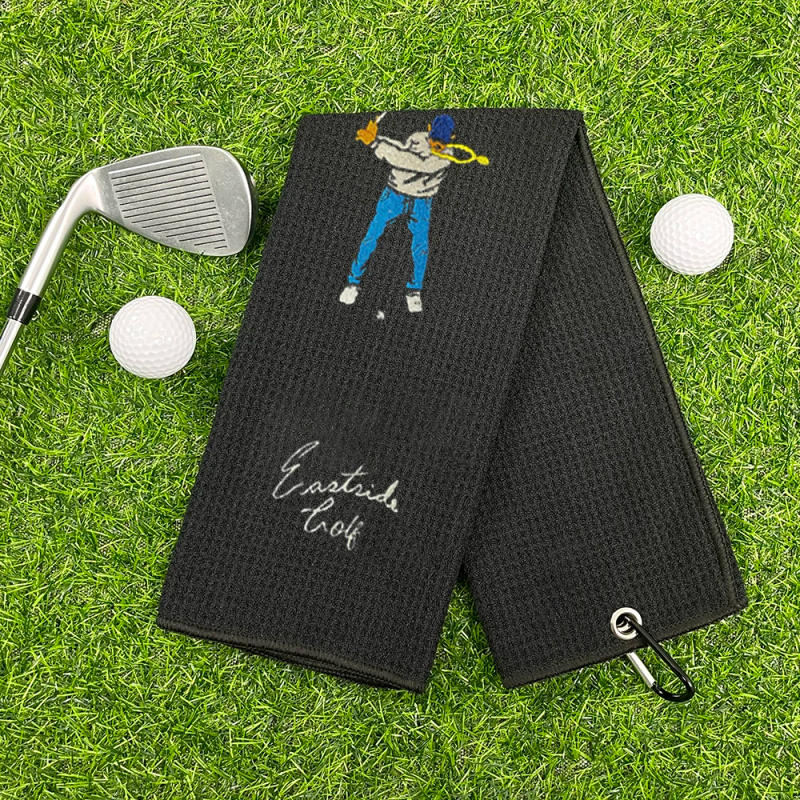 Description Picture 3 of item1pc, Embroidered Golf Towel, Microfiber, Polyester & Nylon, Hand Wash Only, Black, Waffle Texture, Soft Material, with Carabiner