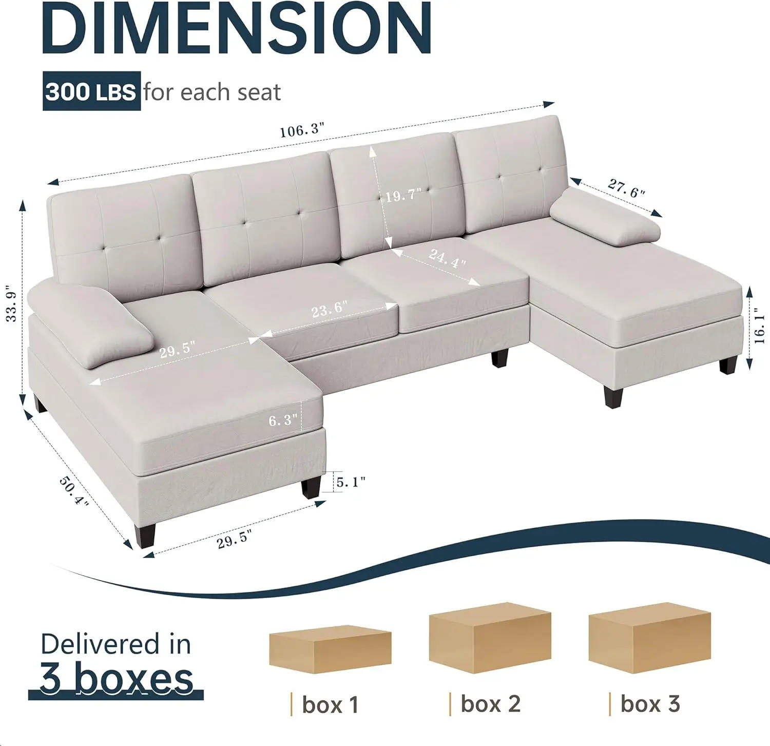Description Picture 4 of itemLiving Room Sectional Sofa, 4-seater Set U-shaped Sofa with Double Chaise Longue, Large 106-inch Modern Fabric Sofa