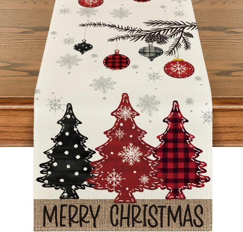Description Picture 2 of itemMerry Christmas Red Pine Trees Linen Table Runner Winter Xmas Holiday Party Kitchen Dining Table Decor Navidad Decorations 2025