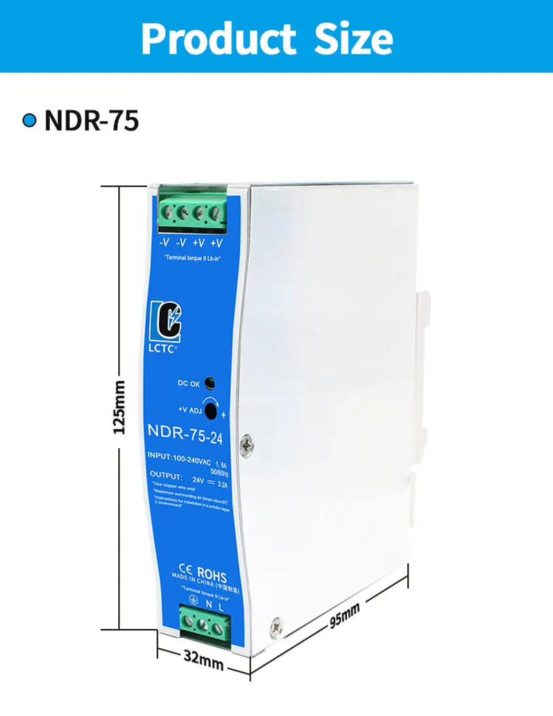 Description Picture 6 of itemLCTC Switching Power Supply NDR-75W 120W 240W 480W Industrial DIN Rail 12V 24V 48V AC/DC Single Output Power Transformer