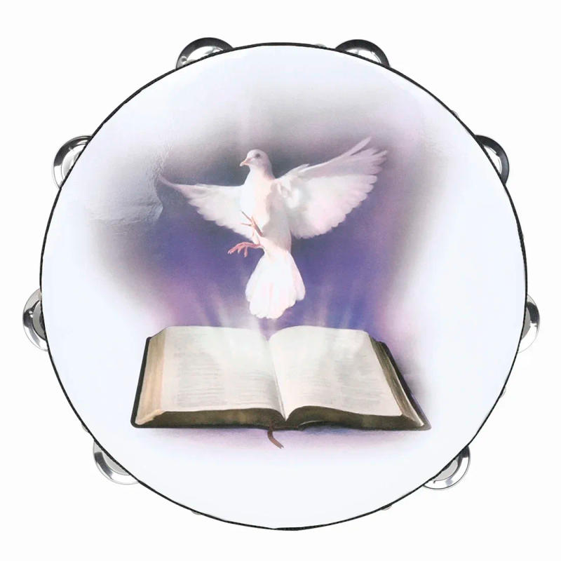 Description Picture 2 of item10 Inch Bible Peace Dove Tambourine Double Layered Hand Cranked Bell Drum Tambourine for Kids/Church/Wedding Musical Instrument