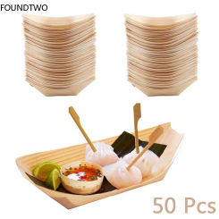 50pcs Wooden Boat Shape Plates Disposable Salad Dessert Pine Cake Snack Serving Bowl Natural Bamboo Sushi Food Plate Tray