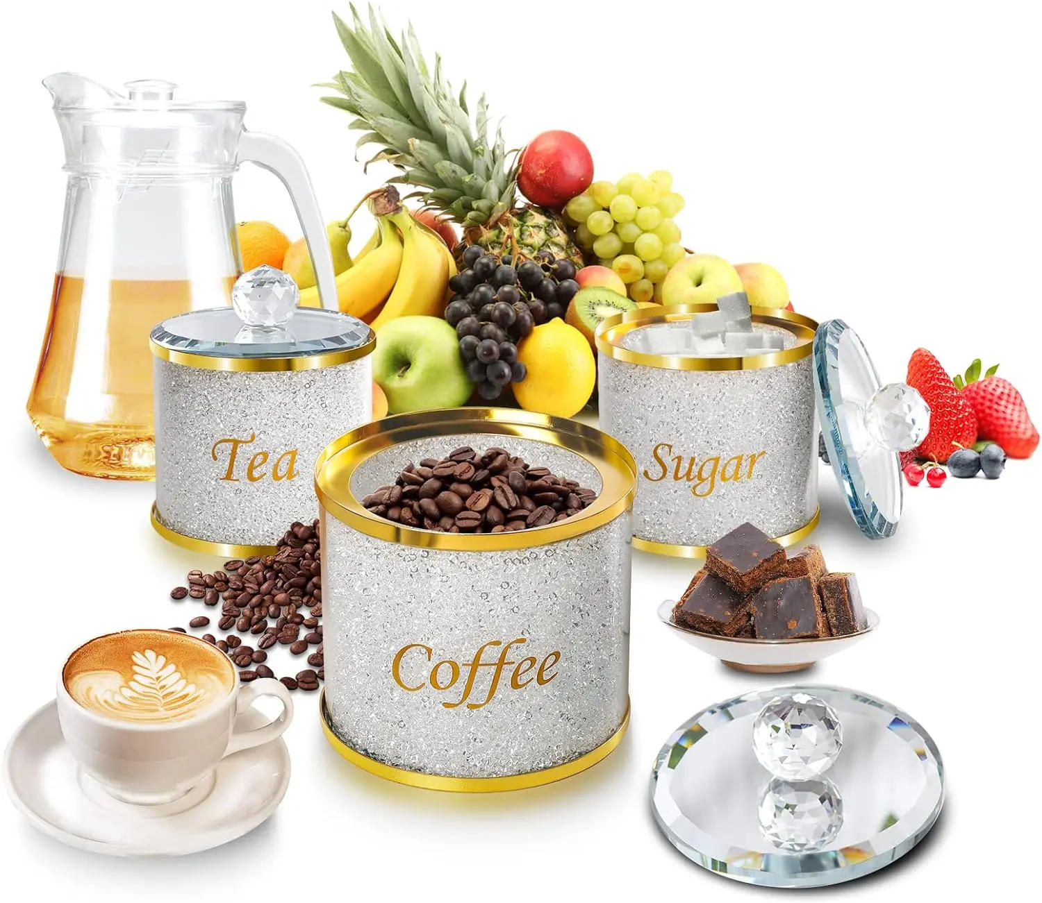 Description Picture 2 of itemSparkle Glass Crushed Diamonds Canister for Sugar Coffee Tea Decorative Storage Jar with Lids for Kitchen Counter Dining Room