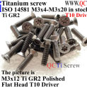 ISO 14581 M3 Titanium screws M3x4 M3x5 M3x6 M3x8 M3x10 M3x12 M3x14 M3x16 M3x20 Flat Head T10 Driver Ti GR2 QCTI Screw 10pcs