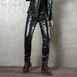 Pantalones de cuero Punk para hombre, pantalones ajustados de cuero PU para motocicleta, empalme juvenil