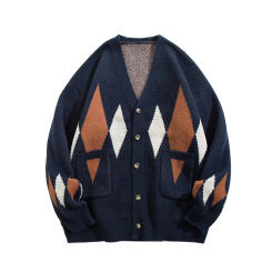 Men's Diamond Cardigan Sweater Women V-neck Long Sleeves Autumn Winter Loose Casual Color Contrast Knitted Sweaters Jacket