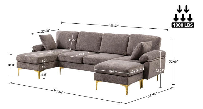 Description Picture 3 of itemU-Shaped Sectional Sofa Couch, 4 Seat Sofa Set for Living Room, Convertible L-Shaped Velvet Couch Set with Chaise Lounge
