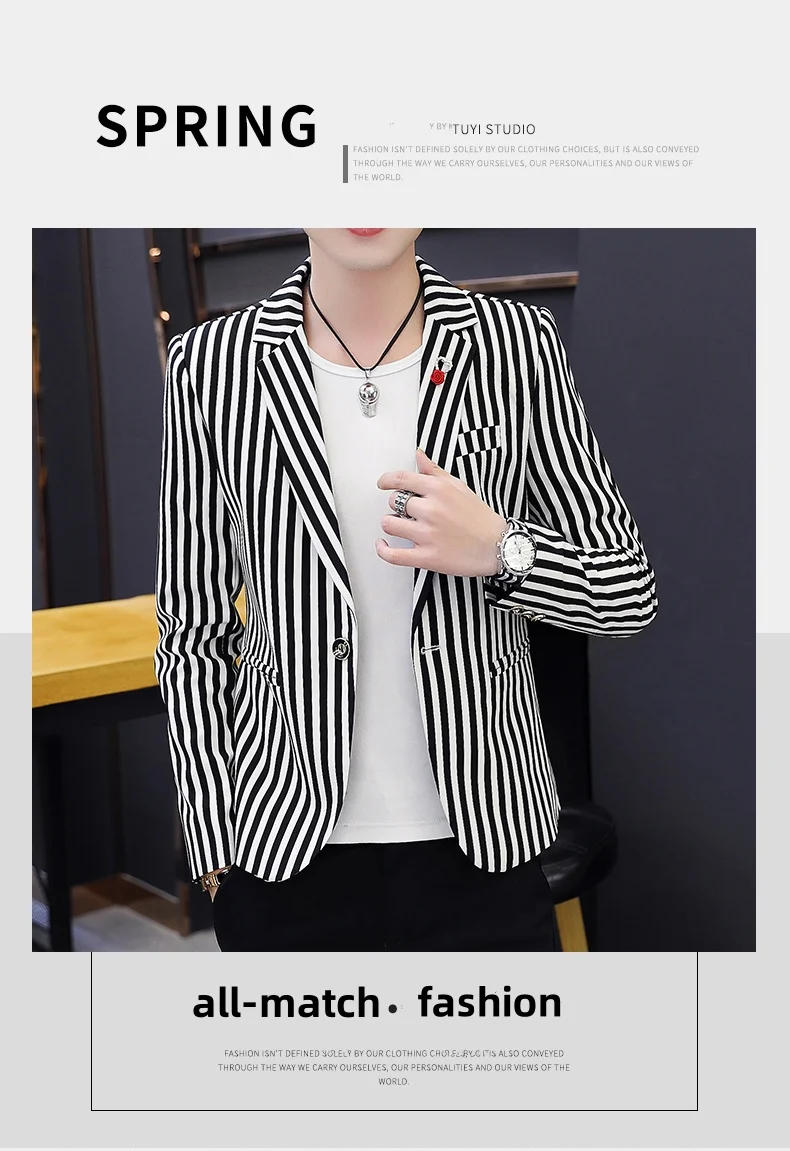 Description Picture 3 of itemFour seasons new suit boutique fashion Korean version handsome striped slim casual suit jacket jacket men's small suit