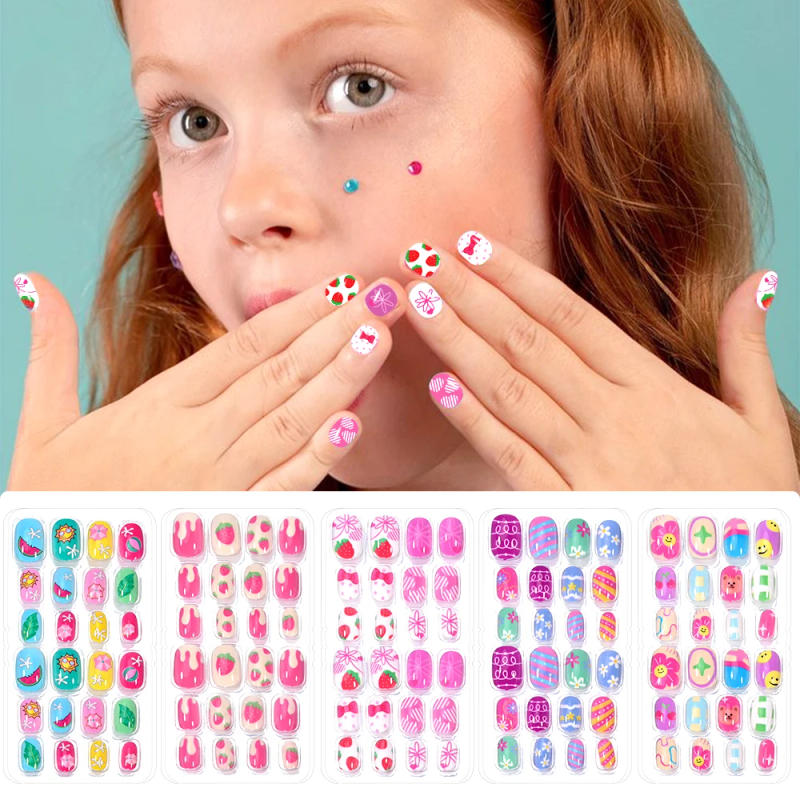 Description Picture 2 of itemNew Girl 120Pcs Kids Cartoon press on nails Cute Animal Flower Design Child Acrylic False Nail Tips Short Square Fake Nails+Tool