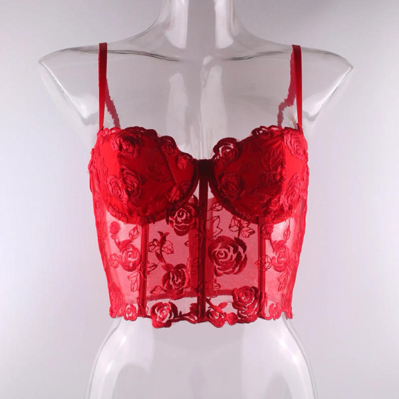 Description Picture 5 of itemWomen Solid Rose Embroidery Tank Top With Steel Rings Fishbone Strapless Corset Vest With Shoulder Straps French Style Sweet Top