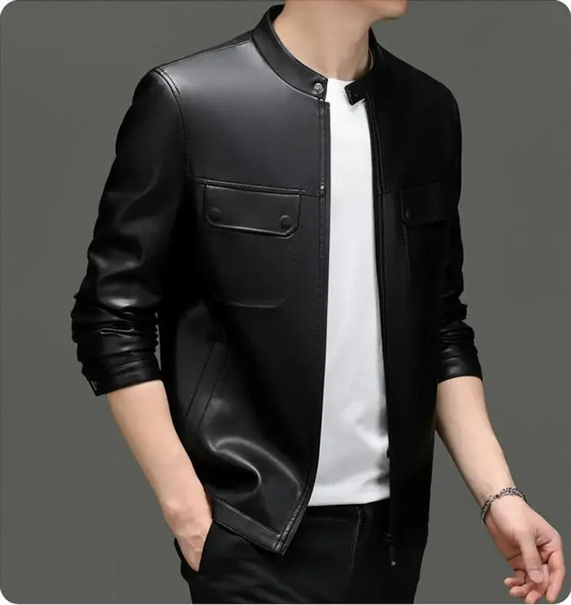 Description Picture 6 of itemNEW Spring Autumn Menswear PU Leather High-End Motorcycle Jacket Zipped Stand Collar Retro Green Fashion Casual Leather Jacket