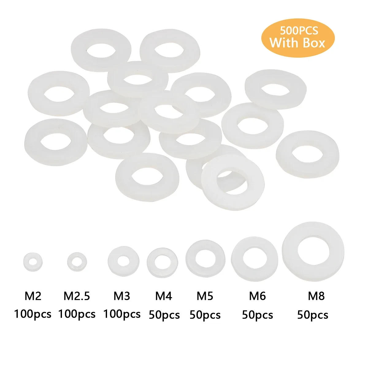 Description Picture 2 of item500Pcs/Box M2 M2.5 M3 M4 M5 M6 M8 White Plastic Nylon Washer Flat Spacer Washer Seals Gasket O Ring Assortment Kit