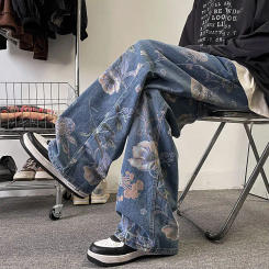 2024 Men's Fashion Spring Autumn Print Straight Denim Pants Male Loose Wide Leg Trousers Men Streetwear Long Casual Jeans F174