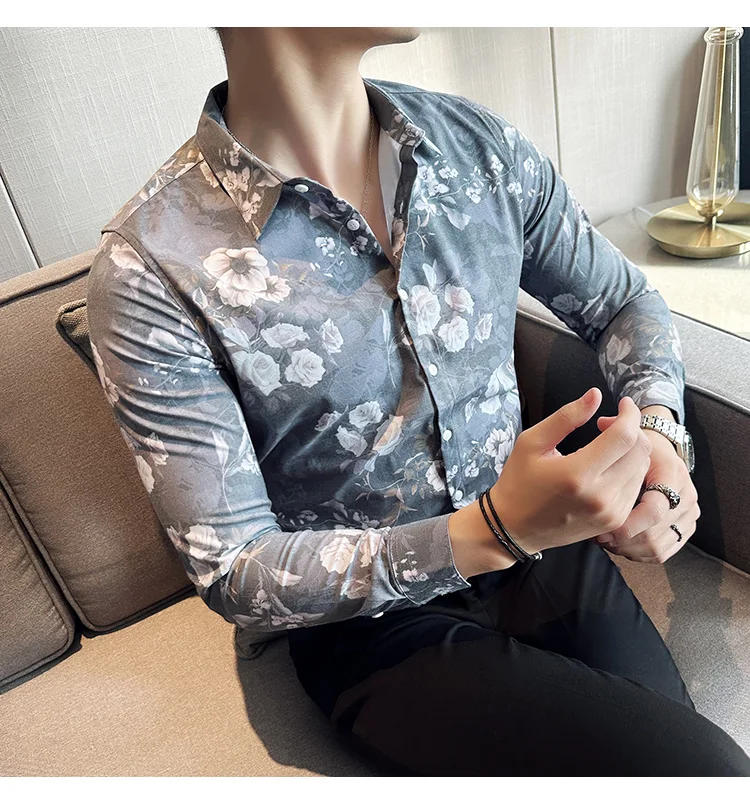 Description Picture 5 of itemBritish Floral Shirt for Men Long Sleeve Slim Fit Casual Shirts Fashion Business Formal Dress Shirts Social Party Tuxedo Blouse