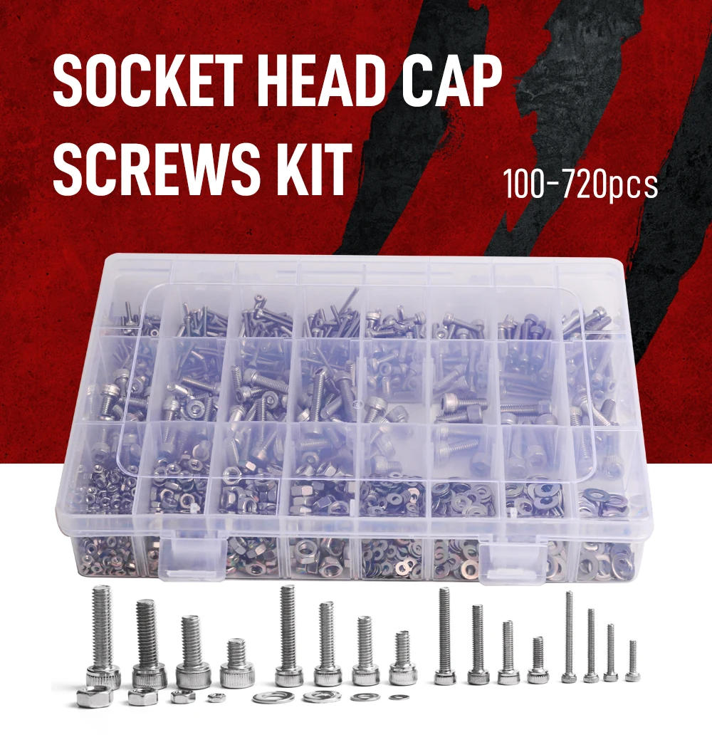 Description Picture 2 of itemHex Socket Head Cap Screws Assortment up to 720pcs M2 M2.5 M3 M4 M5 DIN912 Stainless Steel Metric Allen Bolts Nuts Kit with Case
