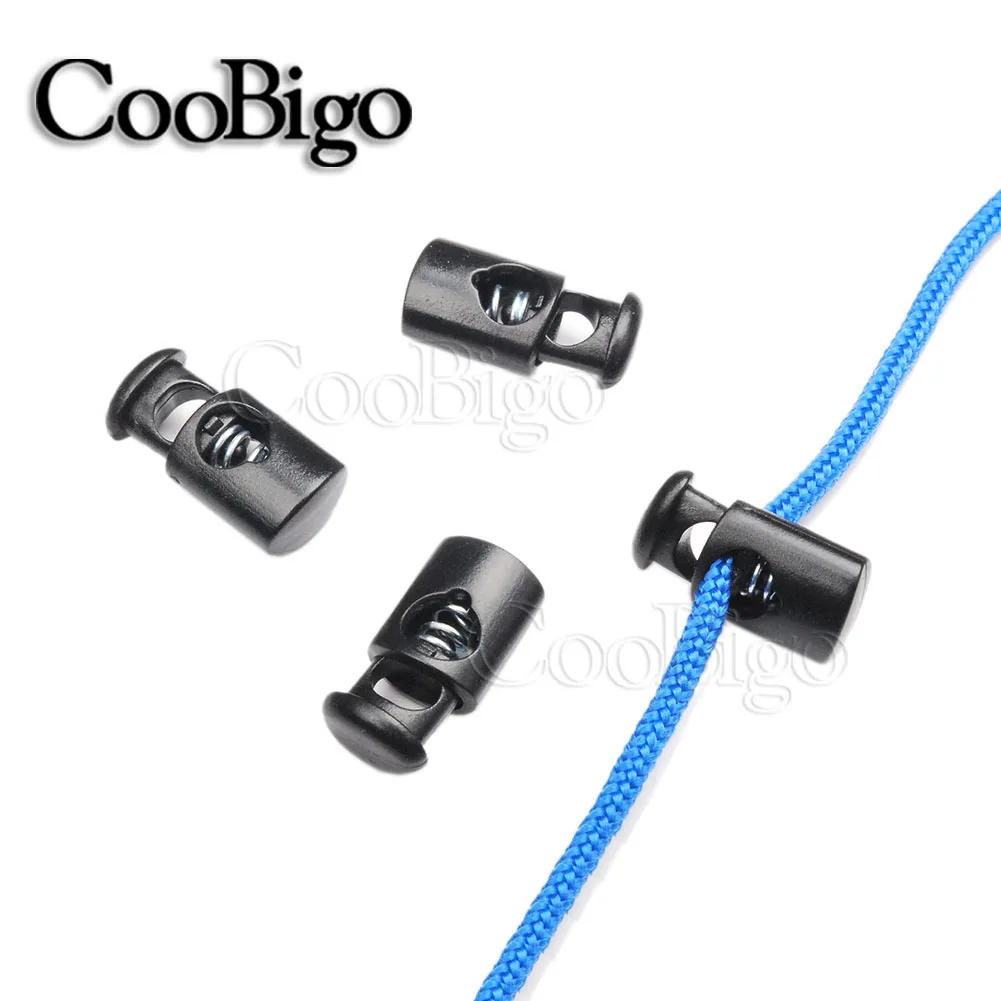 Description Picture 5 of item100pcs Cord Lock Stopper Toggle Clip Tightening Buckle for Drawstring Lace  Lanyard Paracord Rope Accessory Plastic Black Spring