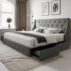 Bedroom furniture: full-size bed frame with 4 storage drawers and wing-back headboard, button tufted design, light grey