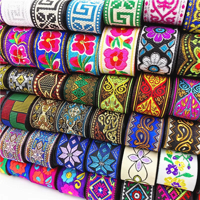 Description Picture 2 of item7 Meters 3.3cm Flowers Pattern Embroidered Jacquard Ribbons Woven Lace Trim For Garment Bag Curtain Sewing African Lace Fabric