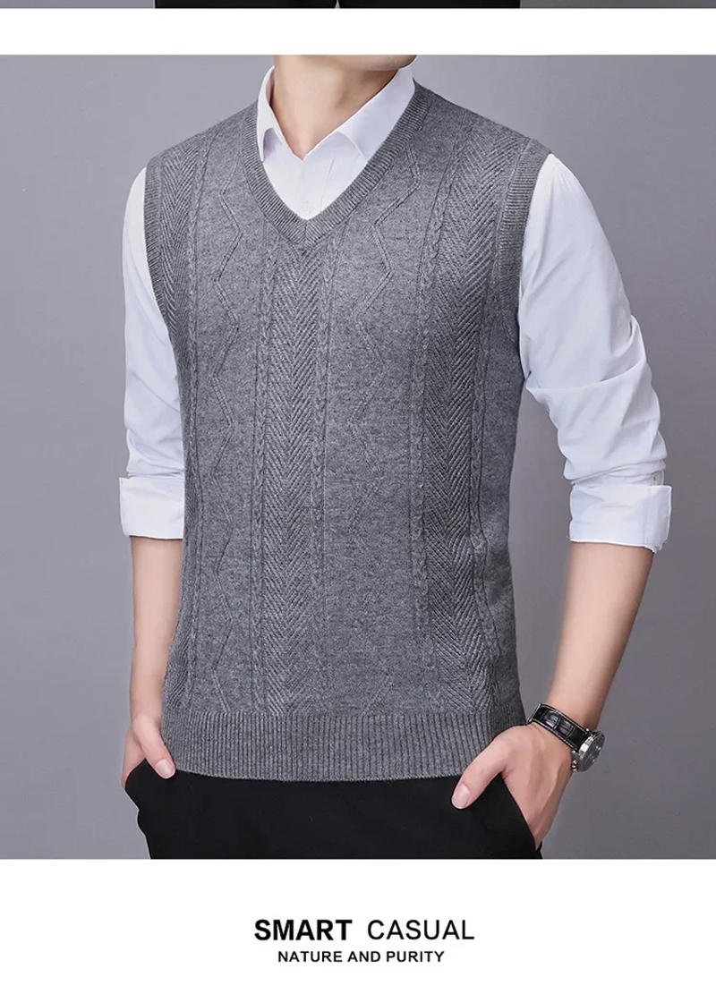 Description Picture 5 of itemNew Arrival Mens Sweater Vest Elderly Men's Wool Vest Jacquard Heart-neck Knitted Mens Sweater Vest Fashion Men Clothing