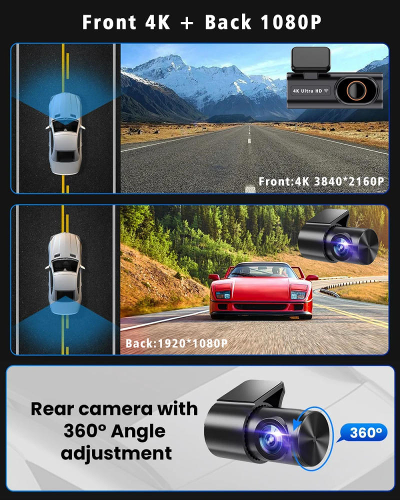 Description Picture 4 of item4K 3840*2160P Dash Cam WIFI Car DVR Dual Lens Camera Video Mini Drive Recorder Dashcam Black Box 24 Hour Monitoring Night Vision