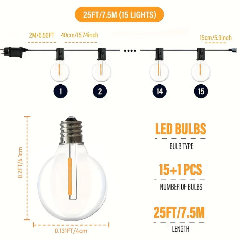 Description Picture 3 of itemGarland Outdoor String Lights Dimmable Shatterproof Plastic G40 Globe LED Bulbs EU US Plug Home Patio Decor Hanging Light Chain