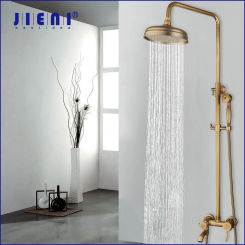 JIENI Antique Brass Rainfall Bathroom Shower Faucet Hand 3 Sprays Bathtub Bathroom Shower Set Tap Mixer Faucet W/ Ceramic Base