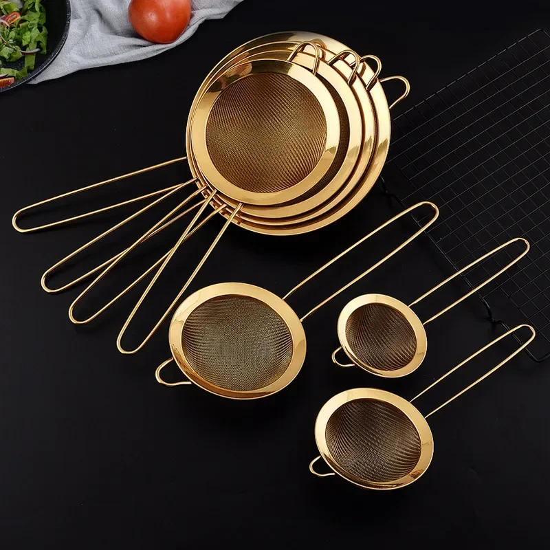 Description Picture 3 of itemKitchen Baking Golden Stainless Steel Mesh Colander with Hook Oil Scoop Soybean Milk Juice Rice Milk Filter Screen Flour Screen