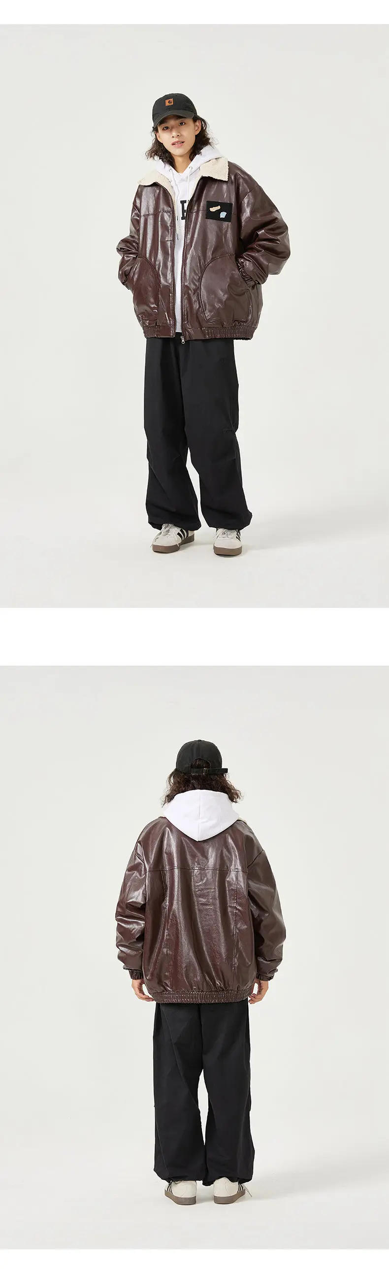 Description Picture 4 of itemMen Winter Lamb Faux Fur Lining Thick Warm Vintage Leather Bomber Jacket Cityboy Streetwear Fashion Loose Casual Coat Outerwear