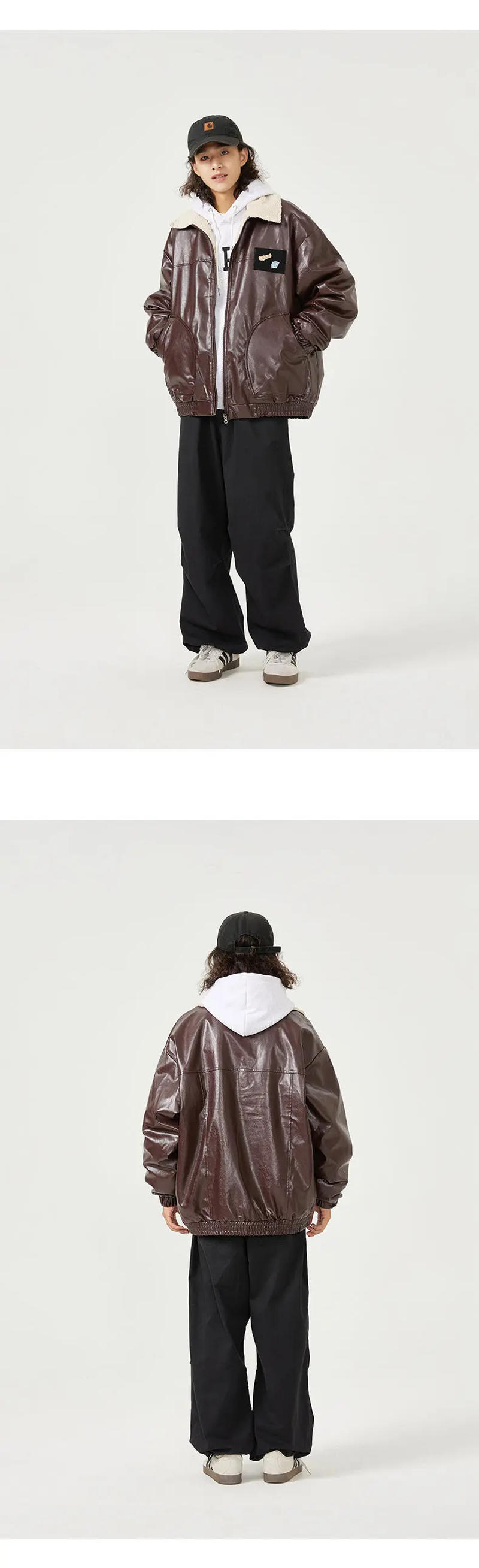 Description Picture 4 of itemMen Winter Lamb Faux Fur Lining Thick Warm Vintage Leather Bomber Jacket Cityboy Streetwear Fashion Loose Casual Coat Outerwear