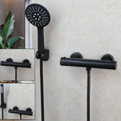Thermostate Brass Black Shower System Set  Bathroom Wall Mounted Round And Square Hand Shower Spray Shower Faucet Set