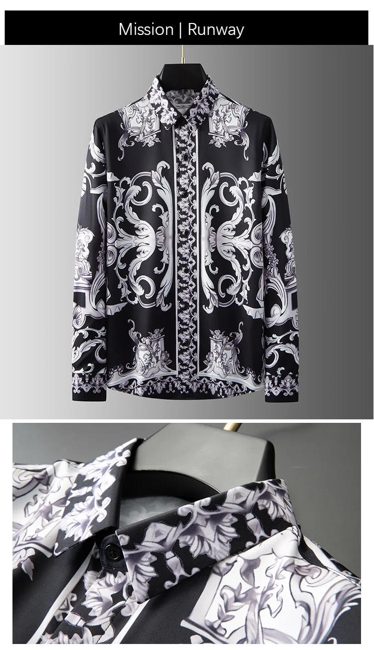 Description Picture 4 of itemLuxury Retro Palace Style Shirts Men Long Sleeve Slim Casual Shirt Business Social Formal Dress Shirts Party Tuxedo Streetwear