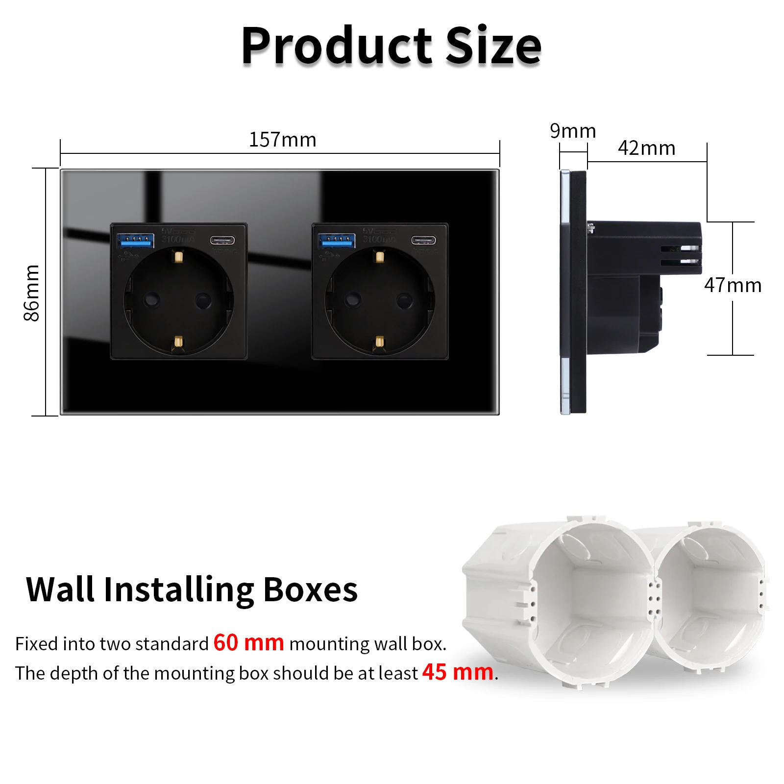 Description Picture 5 of itemBingoelec Single/Double EU Socket with Wall Touch Switches Black Double Electric Sockets Triple Power Outlets USB Type-C Ports