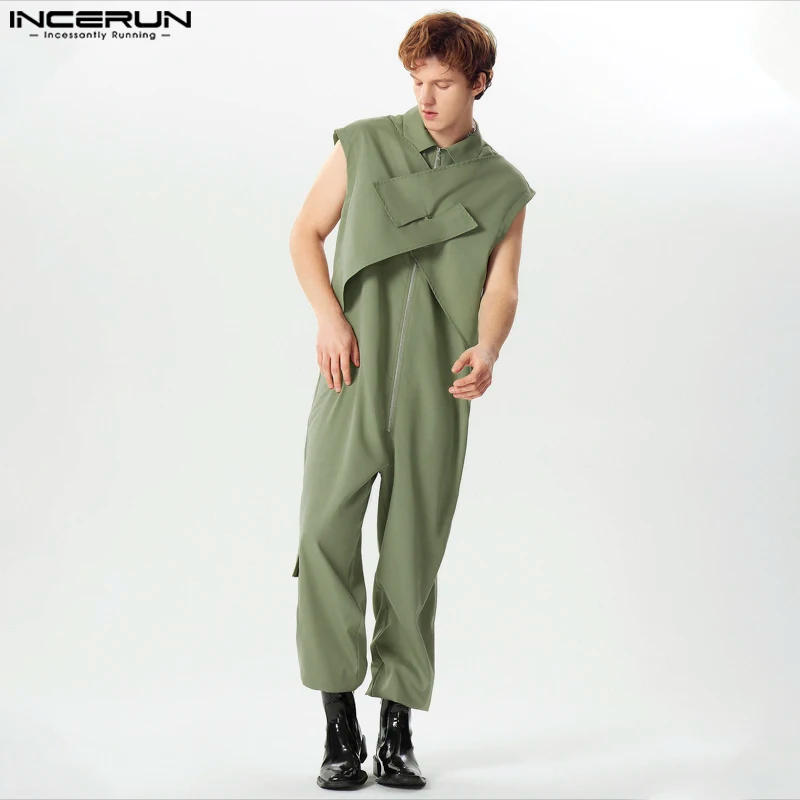 Description Picture 5 of itemAmerican Style New Men's Cross Design Zippered Overalls Jumpsuits INCERUN 2024 Casual Streetwear Solid Sleeveless Rompers S-5XL