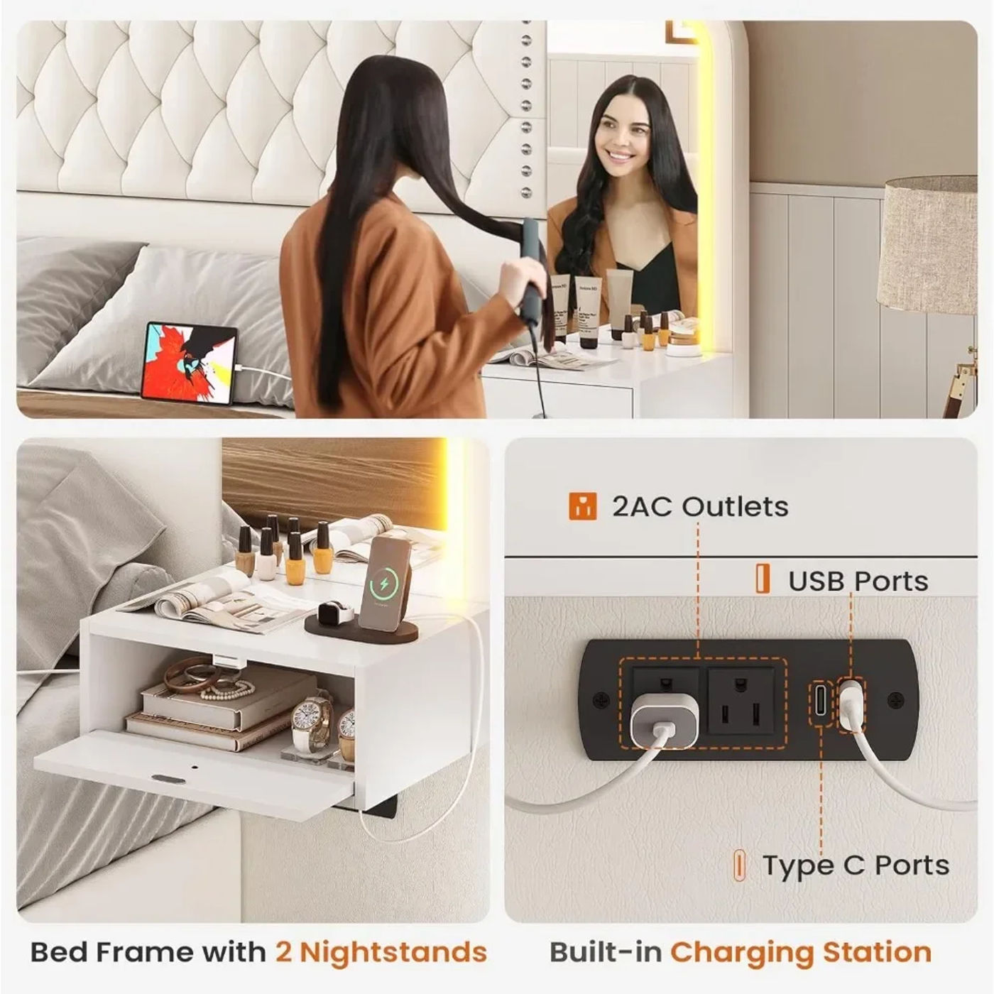 Description Picture 6 of itemQueen Bed Frame, 53" Tall Headboard and 4 Storage Drawers, Built in Charging Station & Led, 2 Nightstands with Mirror, Bed Frame