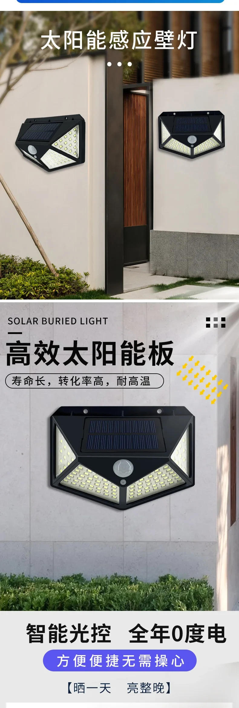 Description Picture 3 of itemHot Selling Four Sided Wall Lamp 100LED Solar Body Sensing Floodlight Wall Lamp Outdoor Courtyard Waterproof Stair Street Lamp