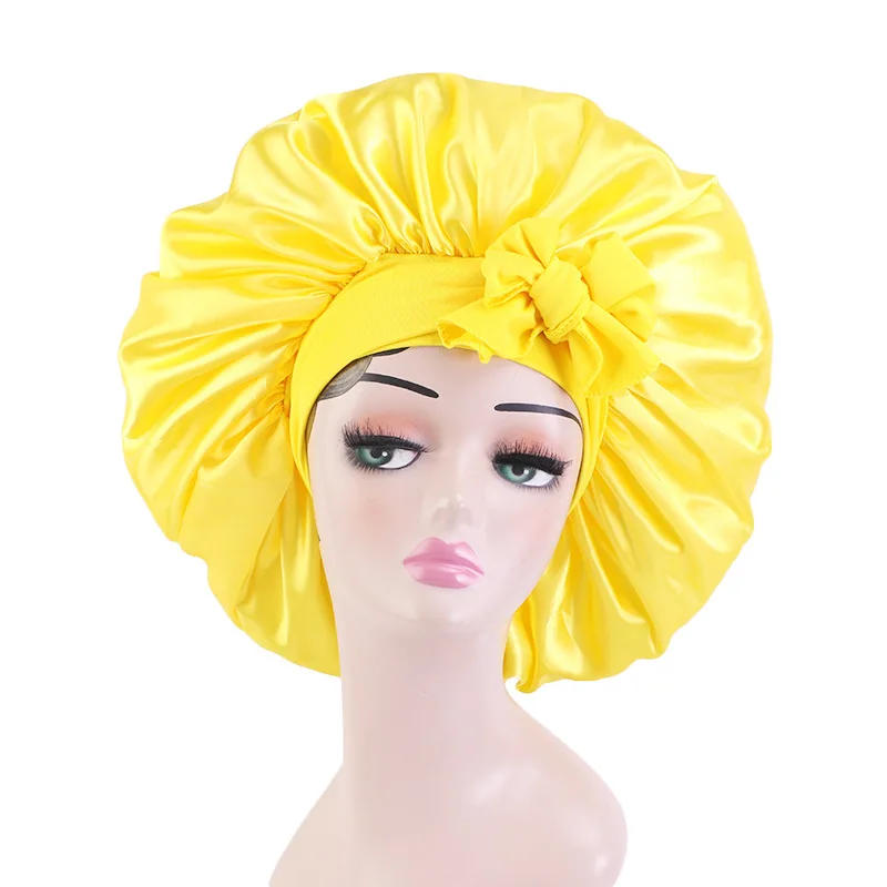 Description Picture 5 of itemWomen Satin Round Cap Sleep Hat Hair Protection Care Wide Edge Elastic Solid Color Hairdressing Shower Cap Night Hat Bonnet
