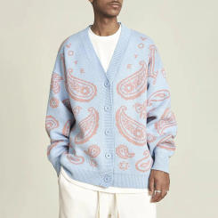 Mens Street American Cashew Flower Knitted Cardigan Jacket Autumn Winter Genderless Fashion Trend Casual Couple Sweater Unisex