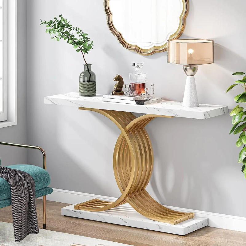 Description Picture 6 of itemTribesigns Gold Entryway Table, Modern 39-Inch Console Faux Marble Narrow Wood Sofa with Geometric Metal Legs