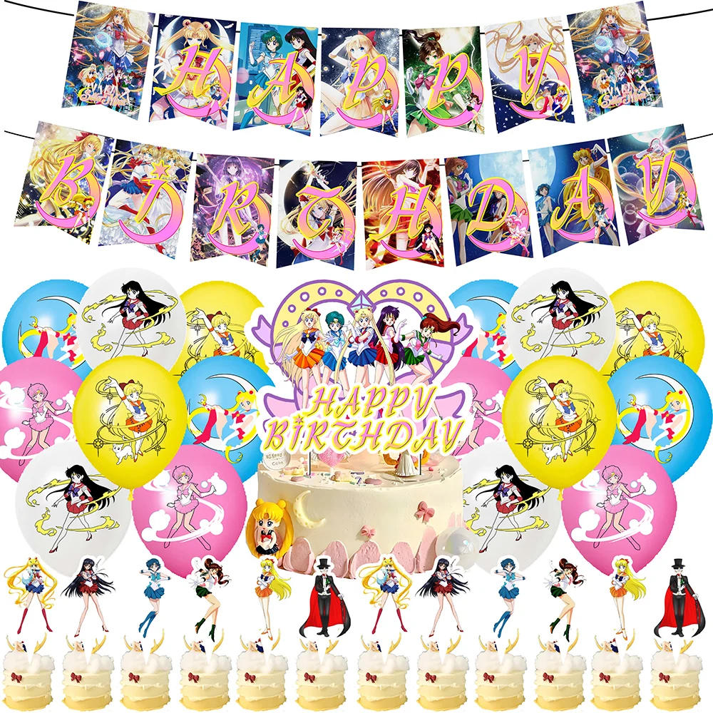 Description Picture 6 of itemSailored Moon Theme Girl's Birthday Party Decoration Balloon Banner Backdrop Cake Topper Party Supplies Baby Shower