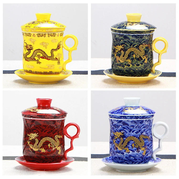Description Picture 5 of itemChinese Dragon Pattern Tea-Mug with Strainer Infuser and Lid and Saucer Ceramic Tea Mug Convenient  Porcelain Personal Tea Cup