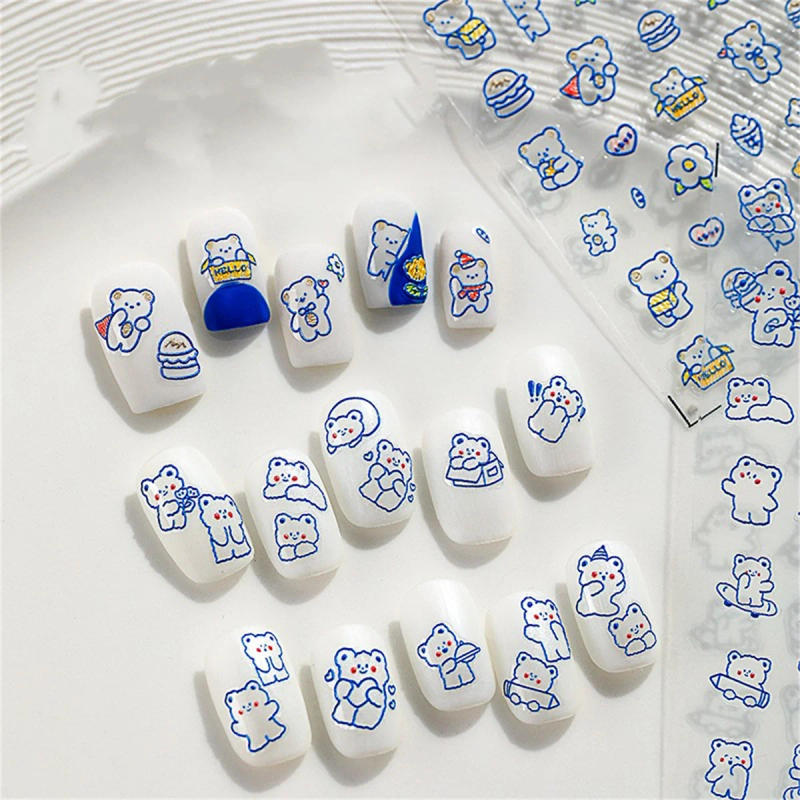 Description Picture 2 of item1pcs Cartoon 5D Relief Blue Hollow Bear Nail Art Stickers Kawaii Animals Adhesive Transfer Nail Decorations Slider Decals DIY
