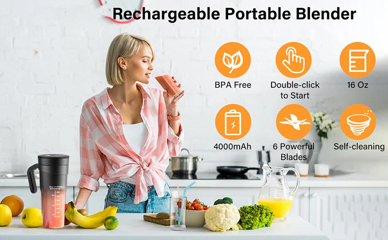Description Picture 4 of itemPortable Fruit Juicer 6 sharp Blades Rechargeable Personal Multifunctional Handheld Mini Blender Cup for Shakes and Smoothies