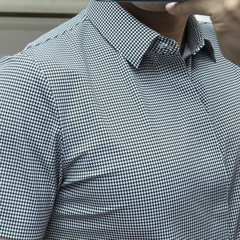 Description Picture 4 of itemFashion Men Clothing Plaid Short Sleeve Shirt Streetwear Summer Thin Social Business Casual Office Hidden Buckle Versatile Tops